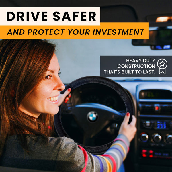 Gorla Gear Black Leather Neoprene Steering Wheel Cover Easy Fast Installation Universal Fit 14.5 15 15.5 Inch Anti-Slip Safe Grip Car Truck Auto