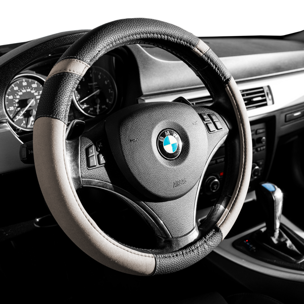 Gorla Gear Gray Leather Grey Neoprene Steering Wheel Cover Easy Fast Installation Universal Fit 14.5 15 15.5 Inch Anti-Slip Safe Grip Car Truck Auto
