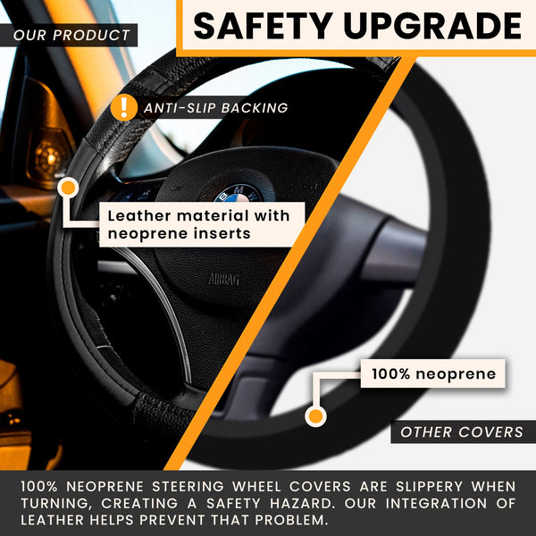 Gorla Gear Black Leather Neoprene Steering Wheel Cover Easy Fast Installation Universal Fit 14.5 15 15.5 Inch Anti-Slip Safe Grip Car Truck Auto