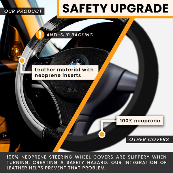 Gorla Gear Gray Leather Grey Neoprene Steering Wheel Cover Easy Fast Installation Universal Fit 14.5 15 15.5 Inch Anti-Slip Safe Grip Car Truck Auto
