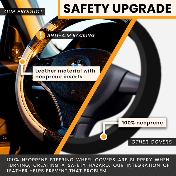 Gorla Gear Beige Leather Neoprene Steering Wheel Cover Easy Fast Installation Universal Fit 14.5 15 15.5 Inch Anti-Slip Safe Grip Car Truck Auto